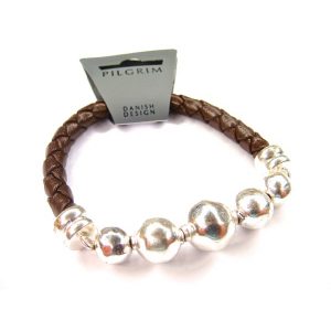 PILGRIM Lederarmband mit Metallkugeln, braun/silbern