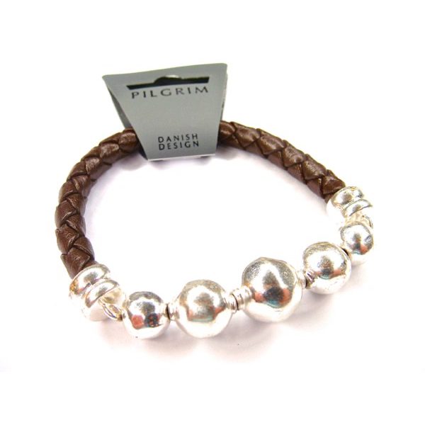 PILGRIM Lederarmband mit Metallkugeln, braun/silbern